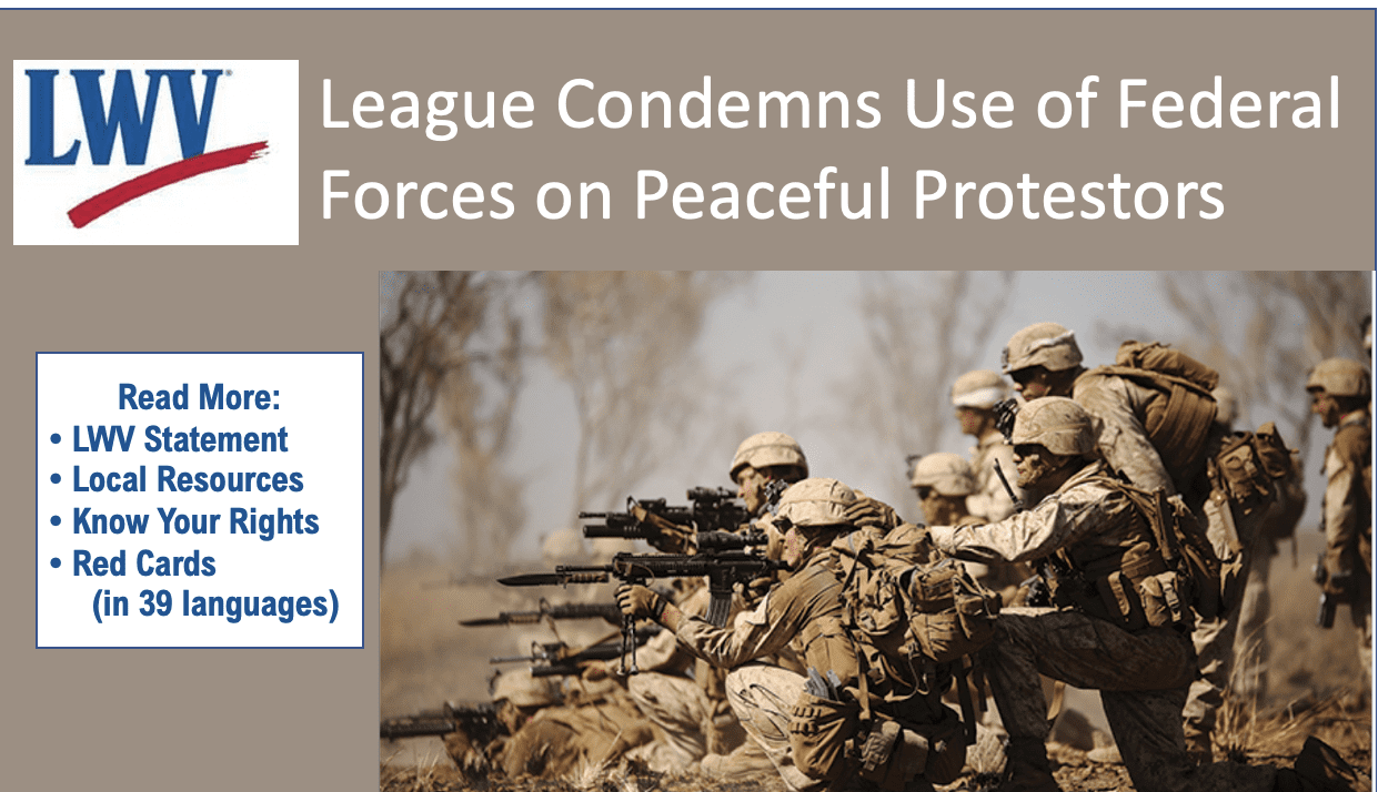 A group of armed soldiers kneel in formation aiming rifles; headline reads, "League Condemns Use of Federal Forces on Peaceful Protestors.
